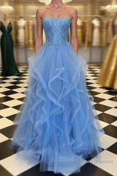 Blue Lace Tulle Long Semi Formal Prom Dresses, Blue Lace Ball Gown, Blue Lace Formal Dresses, Evening Dresses